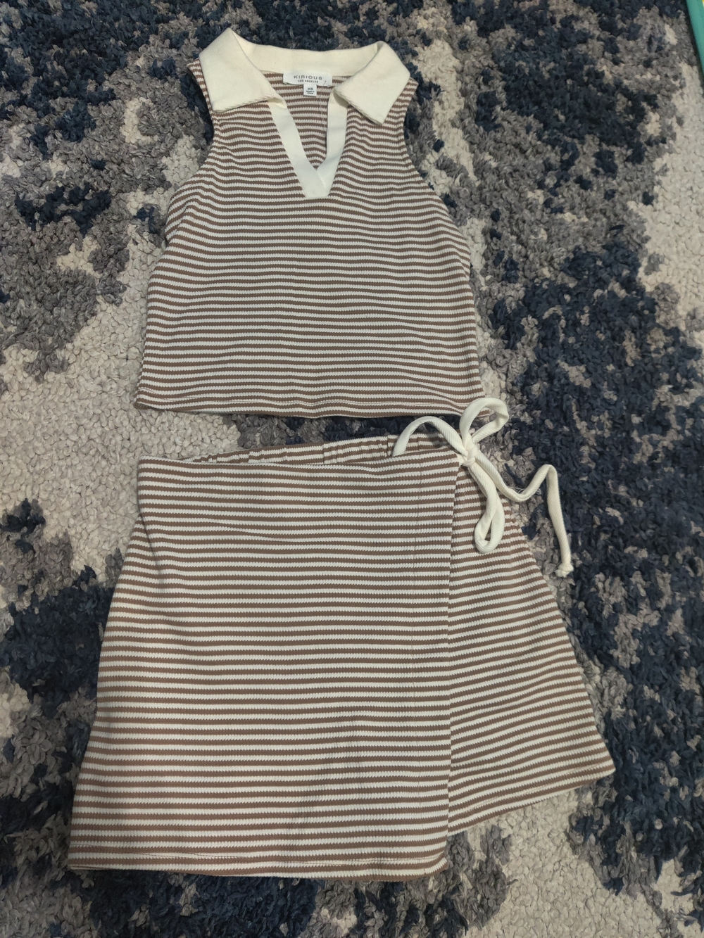 Babaton Brown Stripe Knit Collared Tank & Skort Set